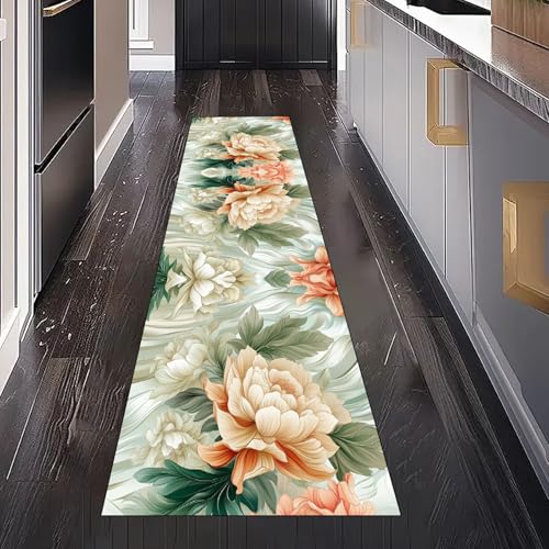 Gaqinhh Pfingstrose Blumen Teppichläufer Küchenteppich Waschbar rutschfest 80x150 cm, Rustikal Pastoral Floral Teppich für Bettumrandung Schlafzimmer Flur Eingangsbereich Wohnzimmer Küche von Gaqinhh