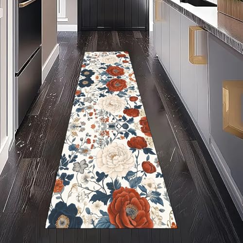 Gaqinhh Pfingstrose Blumen Teppichläufer Waschbar rutschfest 60x180 cm, Rustikal Pastoral Floral Küchenteppich Teppich Bettumrandung Schlafzimmer für Flur Eingangsbereich Wohnzimmer Teppiche von Gaqinhh