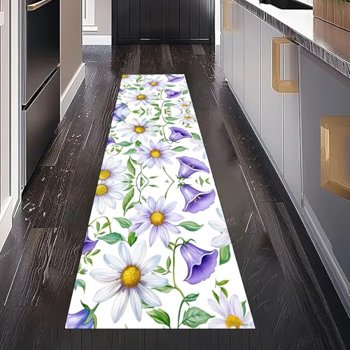 Gaqinhh Prunkwinde Gänseblümchen Teppich Läufer Flur Küchenteppich Waschbar rutschfest 60x120 cm, Pastoral Botanische Blumen Teppichläufer für Bettumrandung Schlafzimmer Küchenläufer Eingangsbereich von Gaqinhh