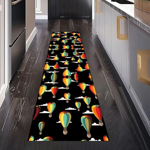 Gaqinhh Regenbogen Heißluftballon Teppich Läufer Küchenteppich Waschbar rutschfest 60x300 cm, Karikatur Ballon Wolke Teppichläufer für Küche Flur Eingangsbereich Bettumrandung Schlafzimmer Wohnzimmer von Gaqinhh