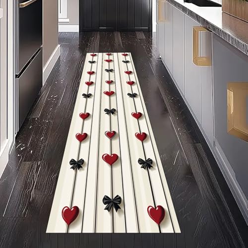 Gaqinhh Romantisch Liebe Herz Teppich Läufer Flur Küchenteppich Waschbar rutschfest 60x120 cm, Bogen Streifen Teppichläufer für Bettumrandung Schlafzimmer Küchenläufer Eingangsbereich von Gaqinhh