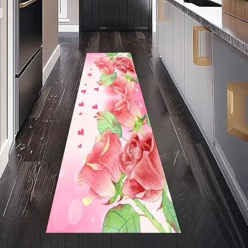 Gaqinhh Romantisch Rose Teppich Läufer Flur Küche Waschbar rutschfest 80x300 cm, Liebe Herzform Geblümt Blumen Teppichläufer für küchenteppich Eingangsbereich Bettumrandung Schlafzimmer Wohnzimmer Gaqinhh Romantisch Rose Teppich Läufer Flur Küche Waschbar rutschfest 80x300 cm, Liebe Herzform Geblümt Blumen Teppichläufer für küchenteppich Eingangsbereich Bettumrandung Schlafzimmer Wohnzimmer von Gaqinhh