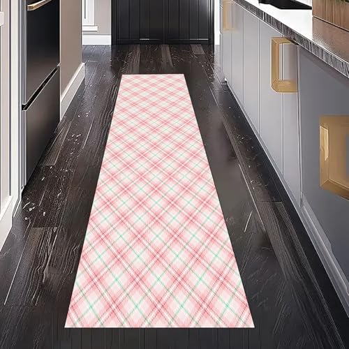 Gaqinhh Rosa Plaid Linien Teppich Läufer Flur Küche Waschbar rutschfest 80x300 cm, Geometrie Raute Gitter Teppichläufer für küchenteppich Eingangsbereich Bettumrandung Schlafzimmer Wohnzimmer von Gaqinhh