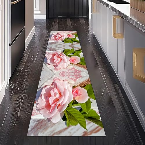 Gaqinhh Rosa Rose Blumen Teppichläufer Waschbar rutschfest 60x180 cm, Romantisch Floral Blätter Küchenteppich Teppich Bettumrandung Schlafzimmer für Flur Eingangsbereich Wohnzimmer Teppiche Gaqinhh Rosa Rose Blumen Teppichläufer Waschbar rutschfest 60x180 cm, Romantisch Floral Blätter Küchenteppich Teppich Bettumrandung Schlafzimmer für Flur Eingangsbereich Wohnzimmer Teppiche von Gaqinhh