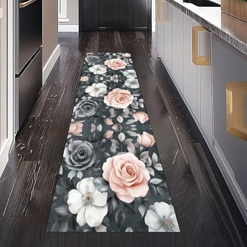 Gaqinhh Rose Blumenmuster Teppich Läufer für Küchenteppich Schlafzimmer Wohnzimmer, Aquarell Pastoral Floral Teppichläufer Waschbar rutschfest für Flur Eingangsbereich Bettumrandung 80x200 cm von Gaqinhh