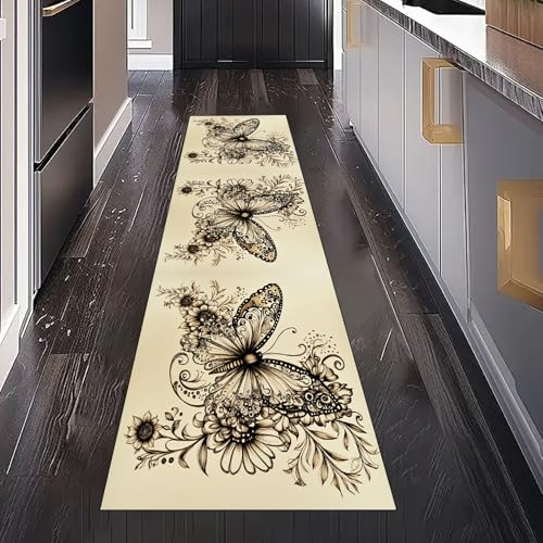 Gaqinhh Schmetterling Blumenmuster Teppich Läufer Flur Küchenteppich Waschbar rutschfest 60x120 cm, Vintage Pastoral Floral Teppichläufer für Bettumrandung Schlafzimmer Küchenläufer Eingangsbereich von Gaqinhh