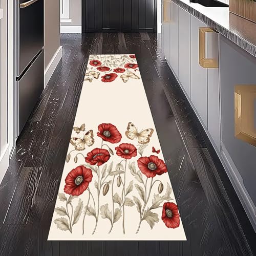 Gaqinhh Schmetterling Mohn Blumen Teppich Läufer für Schlafzimmer Wohnzimmer, Vintage Pastoral Floral Teppichläufer Waschbar rutschfest für Küche Flur Eingangsbereich Bettumrandung Teppiche 60x240 cm von Gaqinhh
