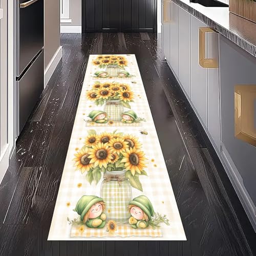 Gaqinhh Sonnenblume Biene Vase Teppichläufer Waschbar rutschfest 60x180 cm, Rustikal Floral Plaid Küchenteppich Teppich Bettumrandung Schlafzimmer für Flur Eingangsbereich Wohnzimmer Teppiche von Gaqinhh