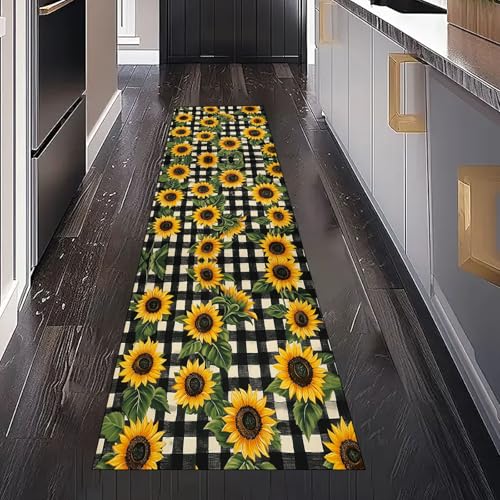 Gaqinhh Sonnenblume Floral Pflanzen Teppichläufer Küchenteppich Waschbar rutschfest 80x150 cm, Geometrie Streifen Plaid Teppich für Bettumrandung Schlafzimmer Flur Eingangsbereich Wohnzimmer Küche von Gaqinhh
