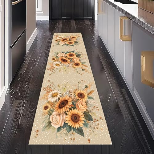 Gaqinhh Sonnenblume Rose Blumen Teppichläufer Küchenteppich Waschbar rutschfest 80x150 cm, Rustikal Pastoral Floral Teppich für Bettumrandung Schlafzimmer Flur Eingangsbereich Wohnzimmer Küche von Gaqinhh