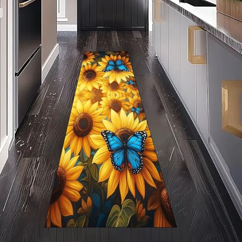 Gaqinhh Sonnenblume Schmetterling Teppichläufer Küchenteppich Waschbar rutschfest 80x150 cm, Rustikal Pastoral Blumen Teppich für Bettumrandung Schlafzimmer Flur Eingangsbereich Wohnzimmer Küche von Gaqinhh