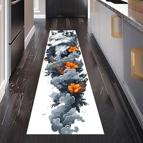 Gaqinhh Tätowierung Wolf Teppich Läufer Flur Küchenteppich Waschbar rutschfest 60x120 cm, Handgezeichnet Blume Malerei Rauch Teppichläufer für Bettumrandung Schlafzimmer Küchenläufer Eingangsbereich Gaqinhh Tätowierung Wolf Teppich Läufer Flur Küchenteppich Waschbar rutschfest 60x120 cm, Handgezeichnet Blume Malerei Rauch Teppichläufer für Bettumrandung Schlafzimmer Küchenläufer Eingangsbereich von Gaqinhh