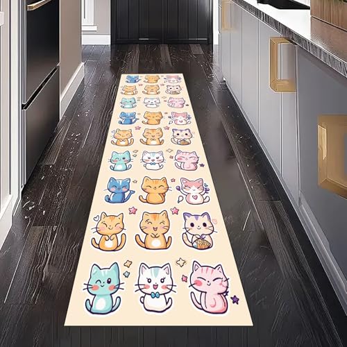 Gaqinhh Tier Katze Niedlich Kätzchen Teppich Läufer Flur Küche Waschbar rutschfest 80x300 cm, Kinder Haustier Teppichläufer für küchenteppich Eingangsbereich Bettumrandung Schlafzimmer Wohnzimmer von Gaqinhh