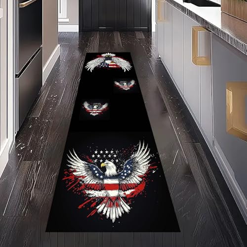 Gaqinhh Tierdruck Vogel Adler Teppich Läufer Flur Küchenteppich Waschbar rutschfest 60x120 cm, Streifen Nationalflagge Teppichläufer für Bettumrandung Schlafzimmer Küchenläufer Eingangsbereich von Gaqinhh