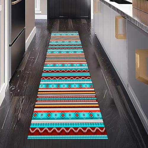 Gaqinhh Vintage Azteken Stamm Teppich Läufer Flur Küche Waschbar rutschfest 80x300 cm, Indien Ethnische Streifen Teppichläufer für küchenteppich Eingangsbereich Bettumrandung Schlafzimmer Wohnzimmer von Gaqinhh
