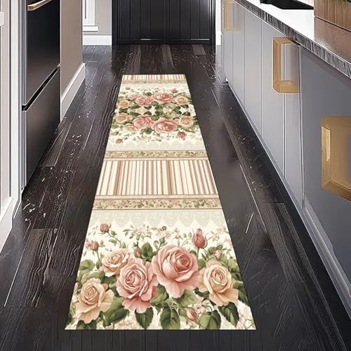 Gaqinhh Vintage Rose Teppich Läufer Flur Küche Waschbar rutschfest 80x300 cm, Shabby Chic Streifenmuster Romantisch Geblümt Teppichläufer für küchenteppich Eingangsbereich Bettumrandung Wohnzimmer Gaqinhh Vintage Rose Teppich Läufer Flur Küche Waschbar rutschfest 80x300 cm, Shabby Chic Streifenmuster Romantisch Geblümt Teppichläufer für küchenteppich Eingangsbereich Bettumrandung Wohnzimmer von Gaqinhh