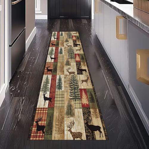 Gaqinhh Waldtiere Elch Teppich Läufer für Küchenteppich Schlafzimmer Wohnzimmer, Bauernhaus Holzmaserung Plaid Teppichläufer Waschbar rutschfest für Flur Eingangsbereich Bettumrandung 80x200 cm von Gaqinhh