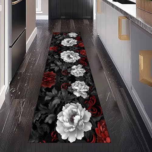 Gaqinhh Weiß Pfingstrose Blumen Teppich Läufer für Schlafzimmer Wohnzimmer, Floral Botanische Blatt Teppichläufer Waschbar rutschfest für Küche Flur Eingangsbereich Bettumrandung Teppiche 60x240 cm von Gaqinhh