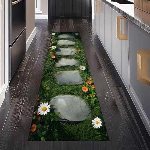Garten Stein Teppichläufer Waschbar rutschfest 60x180 cm, Natur Gänseblümchen Landhausstil Gras Küchenteppich Teppich Bettumrandung Schlafzimmer für Flur Eingangsbereich Wohnzimmer Teppiche von Gaqinhh