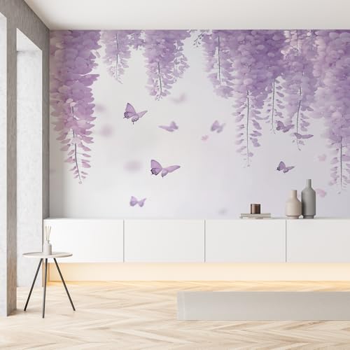 Glyzinien Blumen Fototapete Schlafzimmer 200 x 140 cm Schmetterling Insekt Tapeten Vliestapete Lila Weiß Wasserdichte Dekorative Wandaufkleber von Gaqinhh