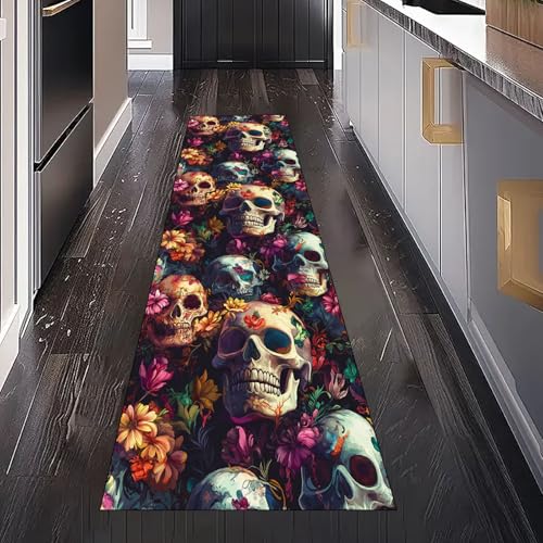 Gotisch Schädel Blumen Teppich Läufer Flur Küche Waschbar rutschfest 60x150 cm, Totenkopf Floral Teppiche für Bettumrandung Schlafzimmer Teppichläufer für Küchenläufer Eingangsbereich von Gaqinhh