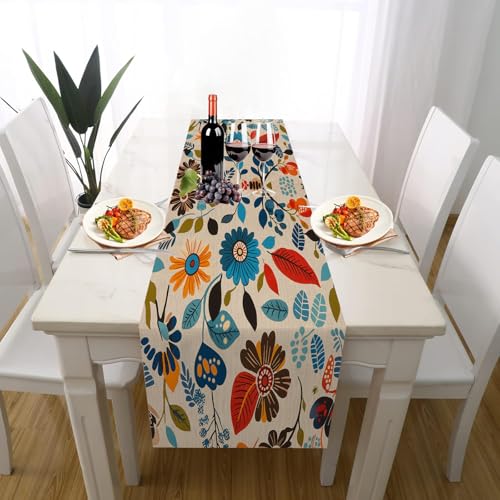 Handgezeichnet Blume Tischläufer Einschulung Deko, Botanisch Pflanze Malerei Blätter Tischläufer Waschbar für Sommerdeko Couchtisch Küche Esstisch Partydeko Dekoration für Zuhause 40 x 140 cm von Gaqinhh