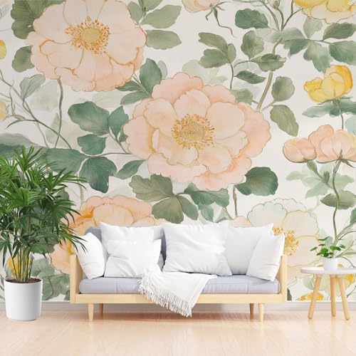 Hibiskus Blumen Tapeten Wandtapete, Pastoral Floral Blätter Vliestapete Badezimmer Wasserfest, Aquarell Pflanzen Blüten Fototapete Schlafzimmer Wohnzimmer Abwaschbar Tapete 250 x 175 cm (B x H) von Gaqinhh