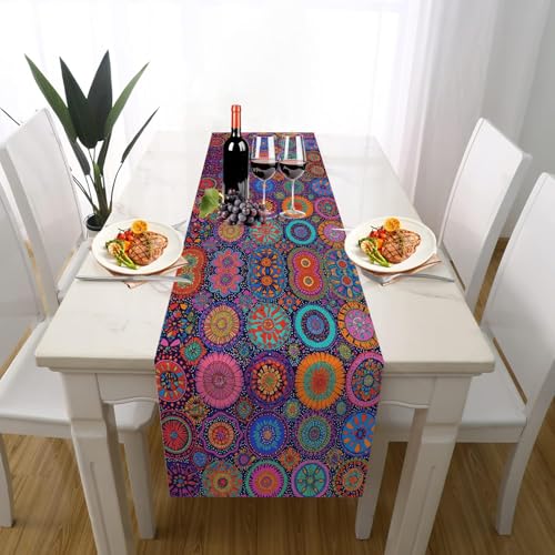 Hippie Tupfen Tischdeko Einschulung Mädchen Junge Deko, Bohemian Kreisform Mosaik Polka Dot Tischläufer Waschbar für Einschulung Deko Couchtisch Küche Esstisch Dekoration für Zuhause 35 x 180 cm von Gaqinhh