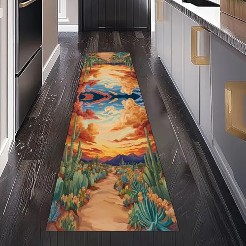 Kaktus Blumen Sonnenuntergang Teppich Läufer Flur Küche Waschbar Rutschfest 80x300 cm, Western Wüste Wildnis Teppichläufer für küchenteppich Eingangsbereich Bettumrandung Schlafzimmer Wohnzimmer Kaktus Blumen Sonnenuntergang Teppich Läufer Flur Küche Waschbar Rutschfest 80x300 cm, Western Wüste Wildnis Teppichläufer für küchenteppich Eingangsbereich Bettumrandung Schlafzimmer Wohnzimmer von Gaqinhh
