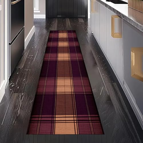 Karierte Muster Teppich Läufer Flur Küche Waschbar Rutschfest 80x300 cm, Geometrie Linie Traditionell Plaid Teppichläufer für küchenteppich Eingangsbereich Bettumrandung Schlafzimmer Wohnzimmer von Gaqinhh