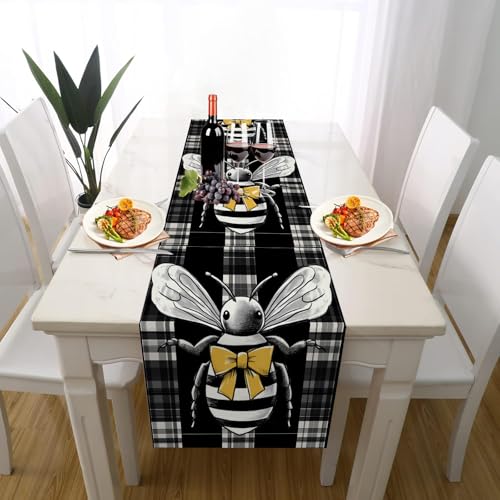 Karikatur Biene Bogen Tischläufer Outdoor Waschbar Extralang, Vintage Rustikal Kariert Tischdeko für Einschulung Deko Couchtisch Küche Esstischv Dekoration für Zuhause 30 x 140 cm von Gaqinhh