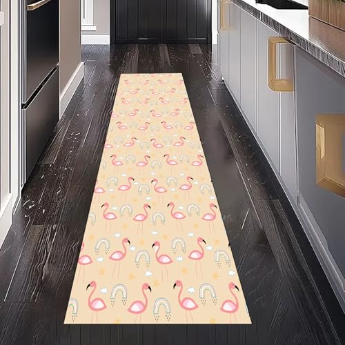 Karikatur Niedlich Flamingo Teppich Läufer Flur Küche Waschbar rutschfest 60x150 cm, Regenbogen Stern Wolke Teppiche für Bettumrandung Schlafzimmer Teppichläufer für Küchenläufer Eingangsbereich von Gaqinhh