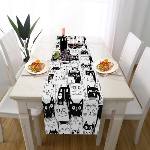 Karikatur Niedlich Katze Tischdeko Einschulung Mädchen Junge Deko, Schwarz und Weiß Kätzchen Tischläufer Waschbar für Einschulung Deko Couchtisch Küche Esstisch Dekoration für Zuhause 35 x 180 cm von Gaqinhh