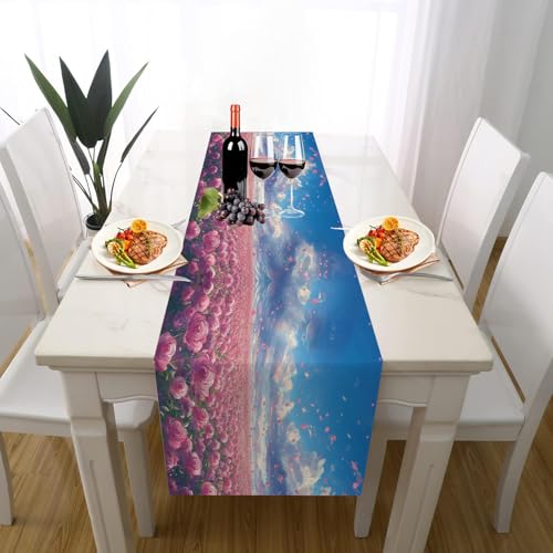 Landschaft Rosen Tischläufer Einschulung Deko, Natur Himmel Romantisch Wolken Tischdeko Waschbar Küche Tisch Dekoration Geburtstag Hochzeitsdeko 30x120cm von Gaqinhh