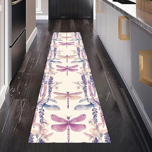 Libelle Glyzinien Blumen Teppich Läufer Flur Küche Waschbar rutschfest 80x300 cm, Aquarell Pastoral Floral Teppichläufer für küchenteppich Eingangsbereich Bettumrandung Schlafzimmer Wohnzimmer von Gaqinhh