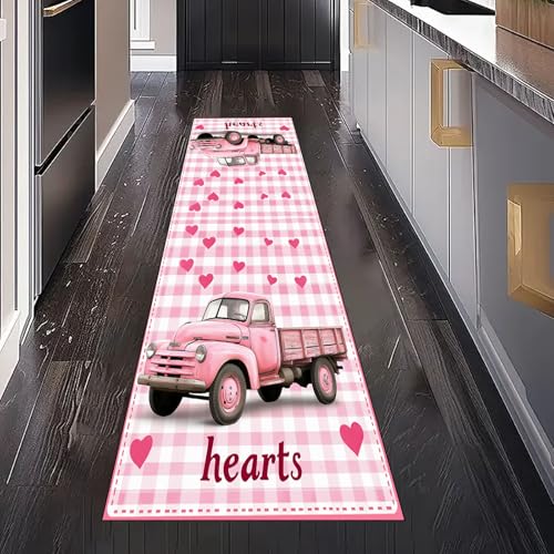Liebe Herz Kleintransporter Teppich Läufer für Küchenteppich Schlafzimmer Wohnzimmer, Pastoral Plaid Streifen Teppichläufer Waschbar Rutschfest für Flur Eingangsbereich Bettumrandung 80x200 cm von Gaqinhh
