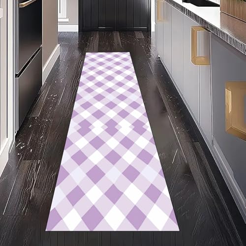 Lila Kariert Streifen Teppich Läufer für Küchenteppich Schlafzimmer Wohnzimmer, Plaid Geometrie Teppichläufer Waschbar rutschfest für Flur Eingangsbereich Bettumrandung 80x200 cm von Gaqinhh