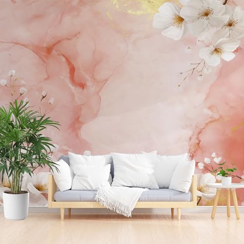 Marmor Optik Fototapete 3d Effekt, Weiß Blumen Marmoroptik Wandtapete Wasserfest, Moderne Ästhetik Kunst Vliestapete Kinderzimmer Mädchen Jungen Wohnzimmer Abwaschbar Tapete 300 x 210 cm (B x H) von Gaqinhh