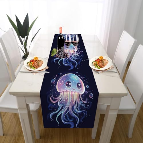 Meerestiere Qualle Tischdeko Einschulung Mädchen Junge Deko, Weltraum Nebel Cartoon Oktopus Tischläufer Waschbar für Einschulung Deko Couchtisch Küche Esstisch Dekoration für Zuhause 35 x 180 cm von Gaqinhh
