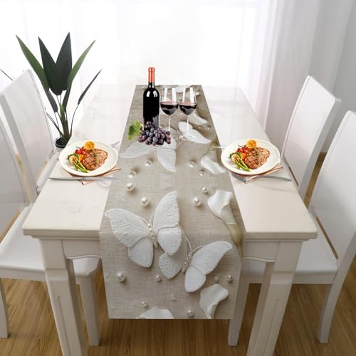 Modern Schmetterling Tischläufer Einschulung Deko, Romantisch Perle Elegant Blütenblatt Tischläufer Waschbar für Sommerdeko Couchtisch Küche Esstisch Partydeko Dekoration für Zuhause 40 x 140 cm von Gaqinhh