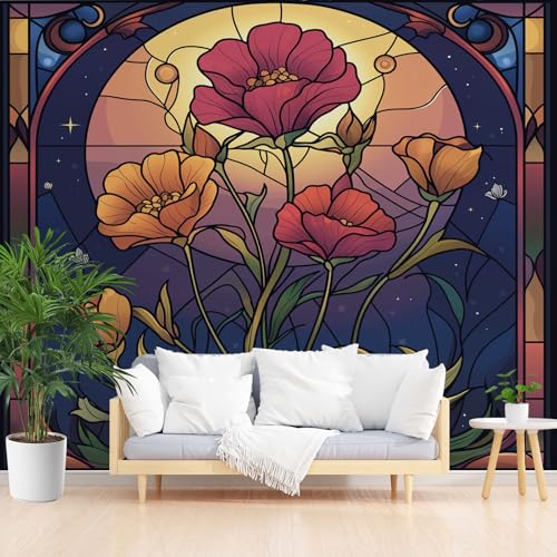 Mohn Blumenmuster Vliestapete Abwaschbar, Sternenhimmel Mond Fototapete 3d Effekt, Buntglas Blumen Tapete Badezimmer Wasserfest Wohnzimmer Kinderzimmer Tapeten Vliestapete 450 x 315 cm (B x H) von Gaqinhh