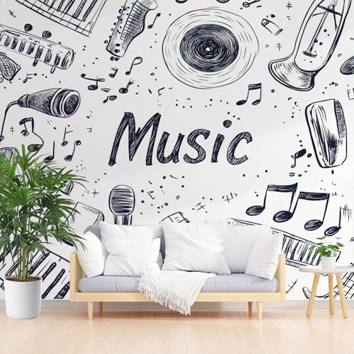 Musiknoten Tapete Badezimmer Wasserfest, Mikrofon Musikinstrumente Fototapete Schlafzimmer, Handgezeichneter Stil Tapeten Vliestapete Kinderzimmer Wohnzimmer Abwaschbar Tapete 200 x 140 cm (B x H) von Gaqinhh