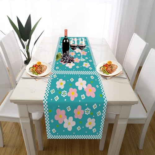 Niedlich Blume Tischläufer Einschulung Deko, Cartoon Gänseblümchen Geometrisch Punkte Tischläufer Waschbar für Sommerdeko Couchtisch Küche Esstisch Partydeko Dekoration für Zuhause 40 x 140 cm von Gaqinhh