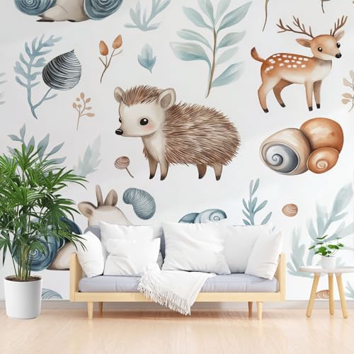 Niedlich Waldtiere 3D Fototapete, Karikatur Sikahirsch Igel Tapeten Vliestapete, Aquarell Pflanzen Blätter Wandtapete Schlafzimmer Wohnzimmer Tapete Abwaschbar Wasserfest 150 x 105 cm (B x H) von Gaqinhh