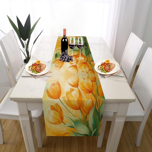 Ölgemälde Tulpe Tischläufer Sommer Waschbar, Blumenpflanzen Blumen Frühling Botanisch Tischläufer für Einschulung Deko Couchtisch Küche Esstischv Partydeko Dekoration für Zuhause 40 x 240 cm von Gaqinhh