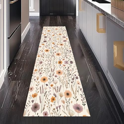 Pastoral Blumen Botanische Teppich Läufer Flur Küchenteppich Waschbar Rutschfest 60x120 cm, Rustikal Wildblumen Floral Teppichläufer für Bettumrandung Schlafzimmer Küchenläufer Eingangsbereich von Gaqinhh