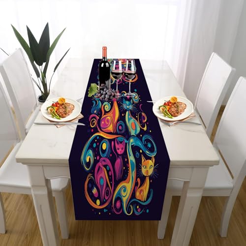 Psychedelische Katze Tischdeko Outdoor Sommer Deko, Graffiti Tier Cartoon Kätzchen Tischläufer Waschbar für Einschulung Deko Couchtisch Küche Esstisch Dekoration für Zuhause 33 x 183 cm von Gaqinhh