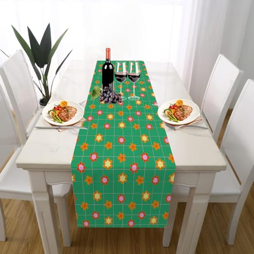 Retro Blume Tischdeko Outdoor Sommer Deko, Hippie Gänseblümchen Geometrisch Kariert Tischläufer Waschbar für Einschulung Deko Couchtisch Küche Esstisch Dekoration für Zuhause 33 x 183 cm von Gaqinhh