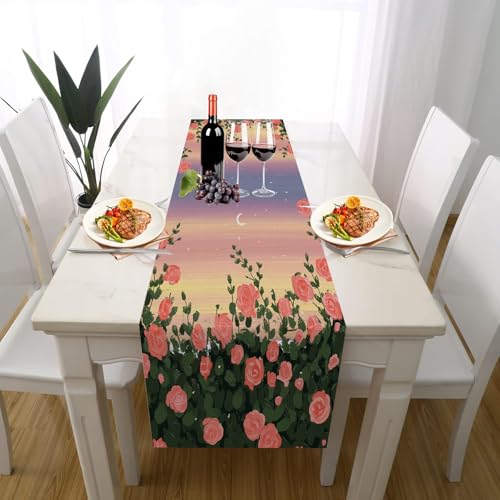 Romantisch Rose Tischdeko Einschulung Mädchen Junge Deko, Landschaft Mond Garten Sternenhimmel Tischläufer Waschbar für Einschulung Deko Couchtisch Küche Esstisch Dekoration für Zuhause 35 x 180 cm von Gaqinhh