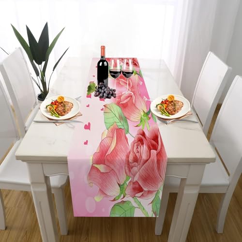 Romantisch Rose Tischdeko Outdoor Sommer Deko, Liebe Herzform Geblümt Blumen Tischläufer Waschbar für Einschulung Deko Couchtisch Küche Esstisch Dekoration für Zuhause 33 x 183 cm von Gaqinhh